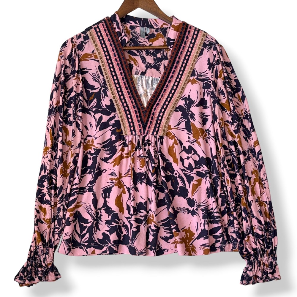 Anthropologie Blank London Blouse S Pink Floral Embroidered V-Neck Boho Romantic